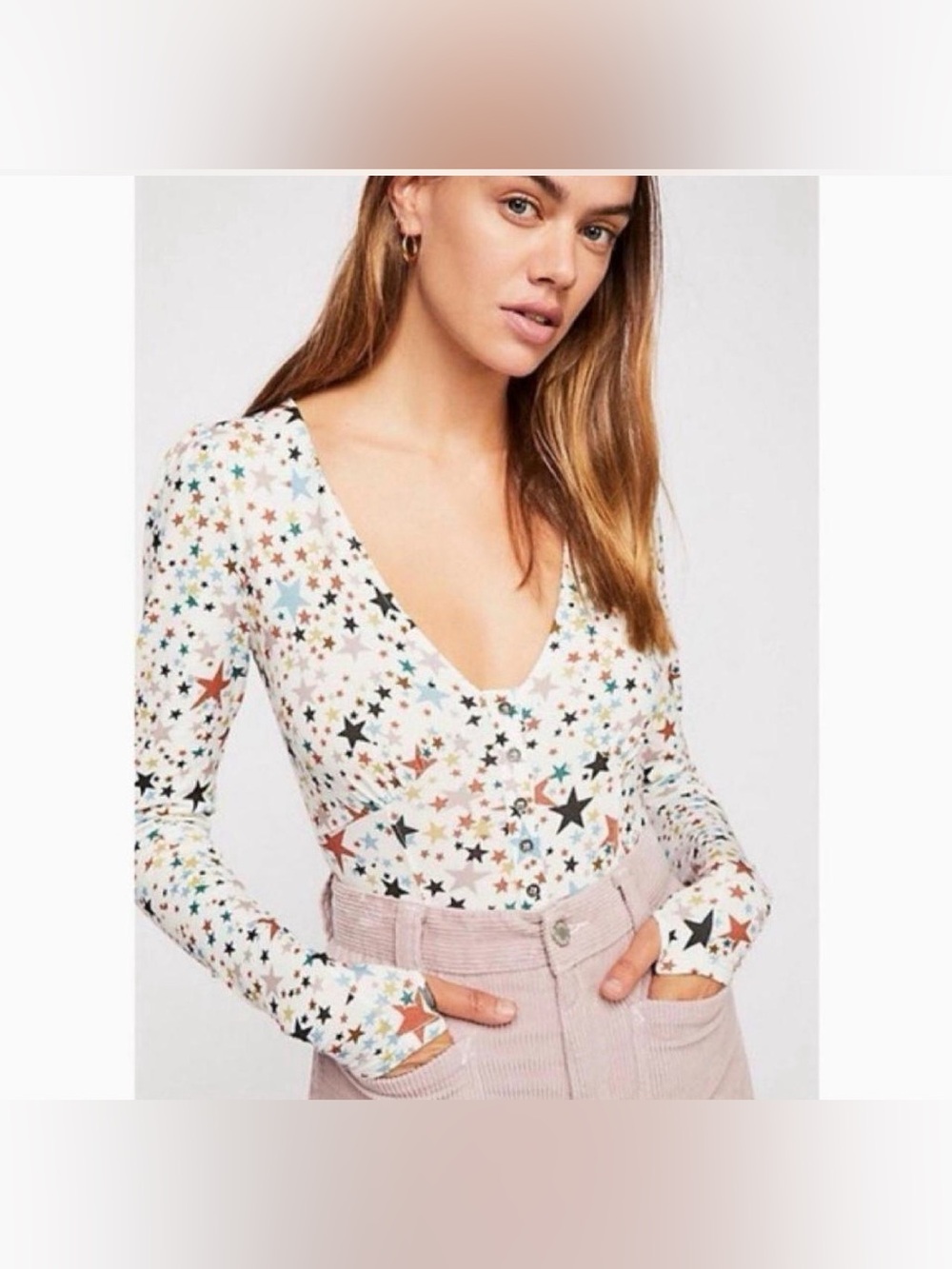 Free People White Long Sleeve Star Print Bodysuit